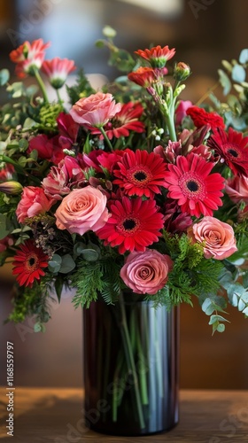 Bright red gerbera daisies and soft pink roses arranged beautifully in a pot
