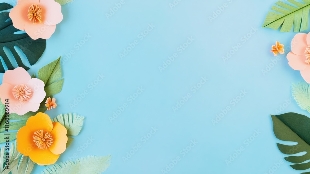 Obraz premium Colorful Paper Flowers and Lush Green Leaves on Blue Background for Creative Projects
