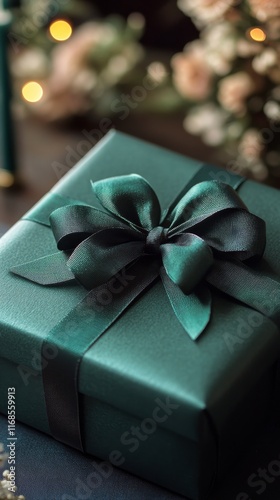 Gift box wrapped in teal paper with a satin bow on a solid background