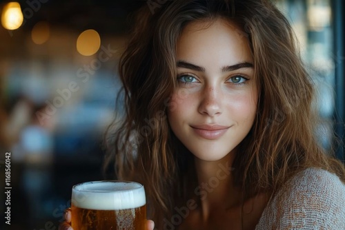 Young woman enjoying beer in a lively bar setting during evening hours