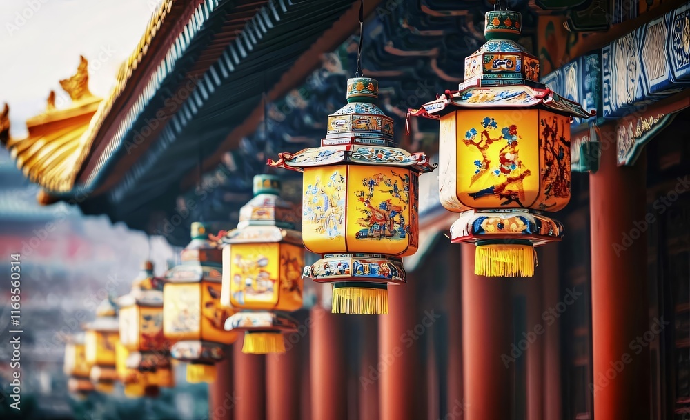 Colorful Chinese lanterns hanging outside a traditional temple. Colorful Chinese lanterns hanging outside a traditional temple.