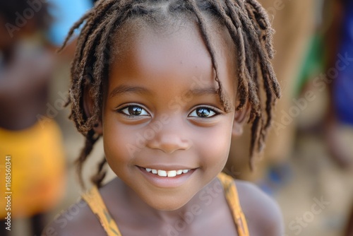 Smiling girl with braided hair in vibrant outdoor setting during daylight hours