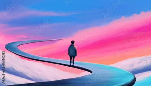 Person Standing at Crossroads with Paths to Success, Joy, and Unknown Darkness
