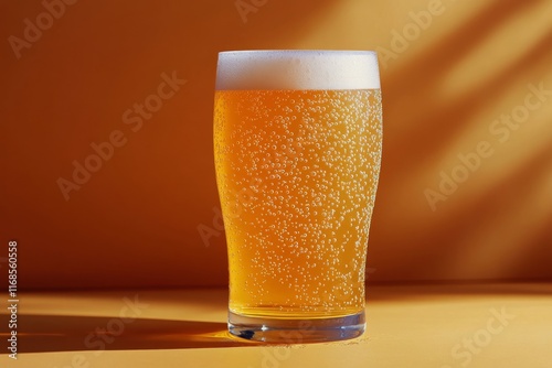 Chilled amber beer in a glass with bubbles against a warm orange background