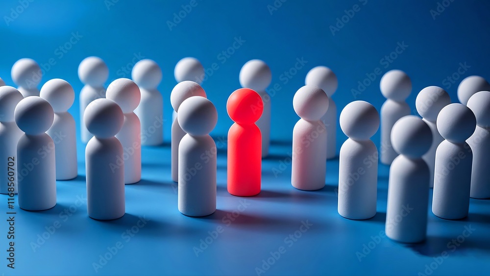 Red figure stands out from a crowd of white figures on a blue background. Red figure stands out from a crowd of white figures on a blue background.