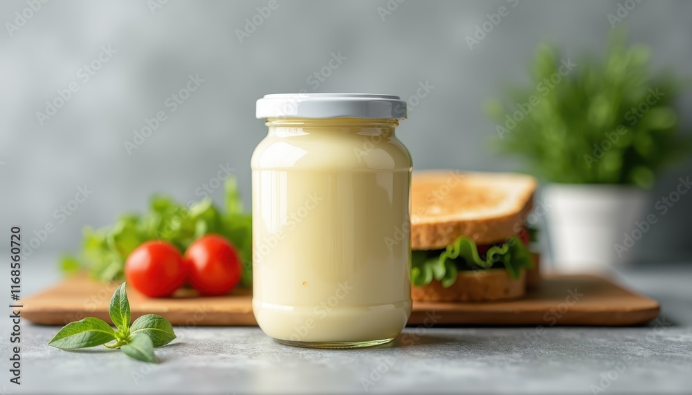 Mockup Mayonnaise Jar on white background with salad and sandwich. Packaging template mockup Mockup Mayonnaise Jar on white background with salad and sandwich. Packaging template mockup