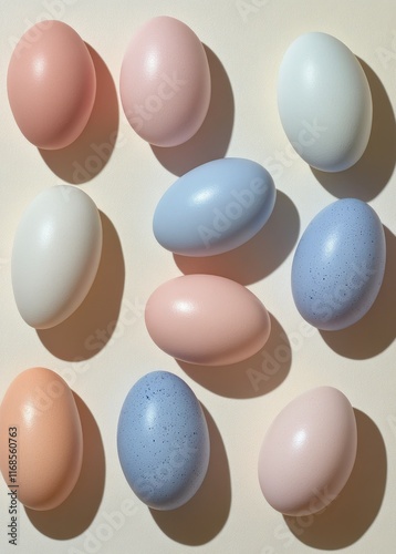 Colorful decorative eggs arranged on a light background for seasonal celebration