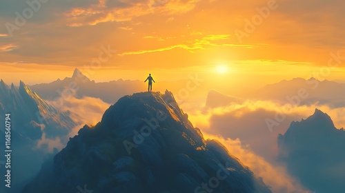 A person standing on a mountain peak, looking at the sunrise with arms outstretched, symbolizing the search for purpose and meaning in life 