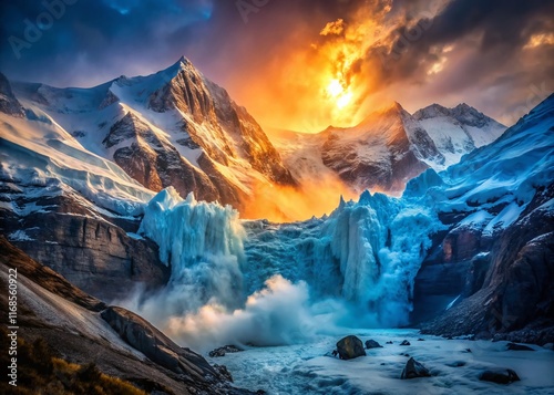 Dramatic Avalanche on Gangapurna Glacier, Nepal Himalayas - Low Light Photography photo