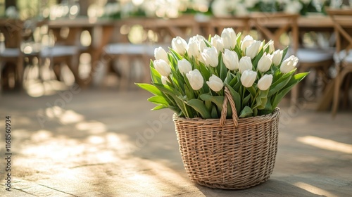 Beautiful white tulips in a woven basket placed on wooden flooring at an outd...