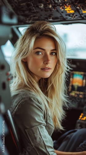 Beautiful pilot in cockpit preparing for flight with a stunning view outside