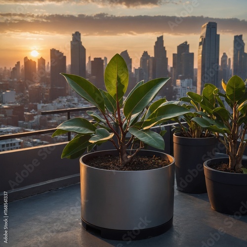 A rubber plant in a sleek metallic pot on a city rooftop garden with a sunset-lit skyline.