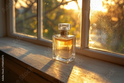 Elegant glass perfume bottle placed on windowsill with natural light illumina...