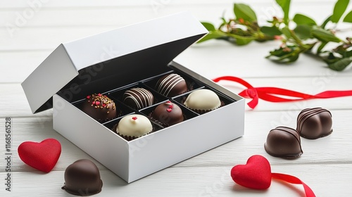 Elegant Gift Box of Assorted Chocolate Treats with Hearts and Decorative Ribbon on Wooden Surface