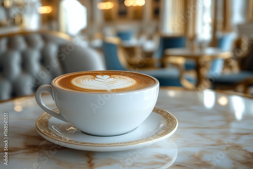Coffee cup with latte art on a marble table in a cozy cafe setting