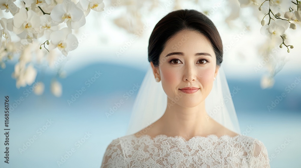 Elegant Bride Portrait Surrounded by White Orchids and Scenic Background of Water and Mountains Elegant Bride Portrait Surrounded by White Orchids and Scenic Background of Water and Mountains
