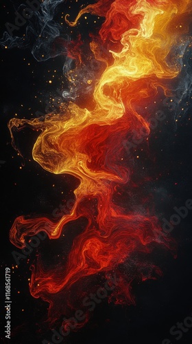 Abstract orange wave pattern with glowing particles in a dark setting