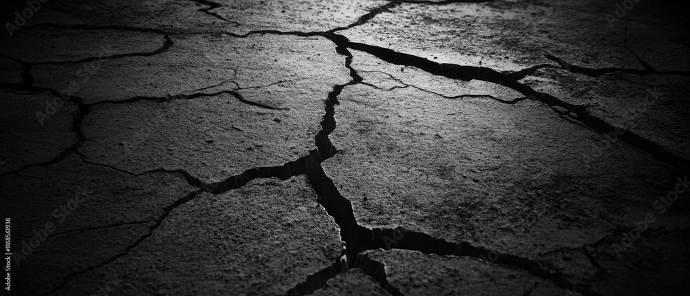 A cracked and broken pavement with a dark background A cracked and broken pavement with a dark background