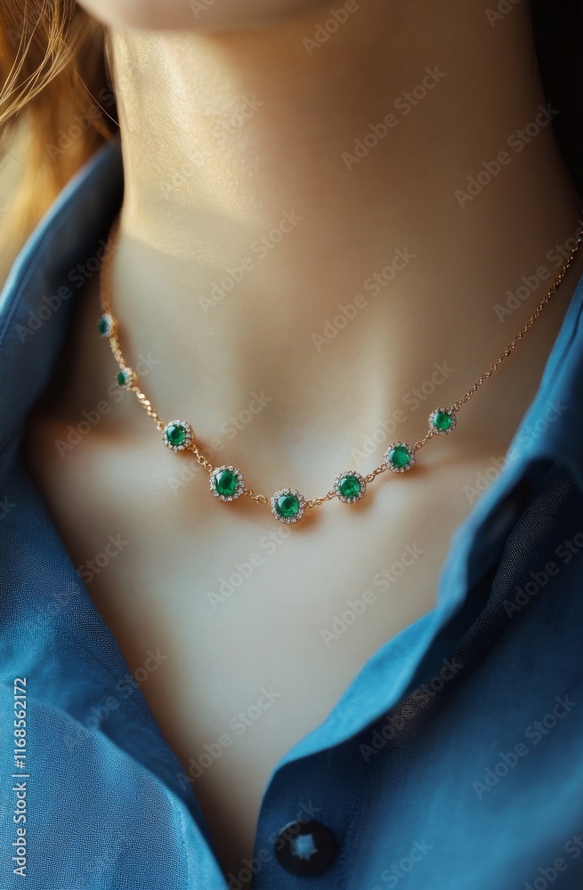 Elegant green gemstone necklace featured on a model outdoors in natural light Elegant green gemstone necklace featured on a model outdoors in natural light