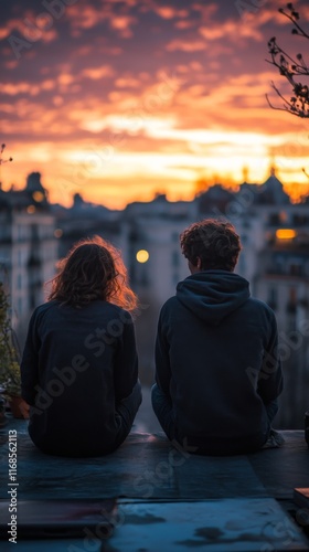 Couple enjoys a sunset view over a bustling city skyline during twilight hours