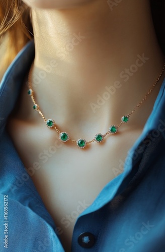 Elegant green gemstone necklace featured on a model outdoors in natural light