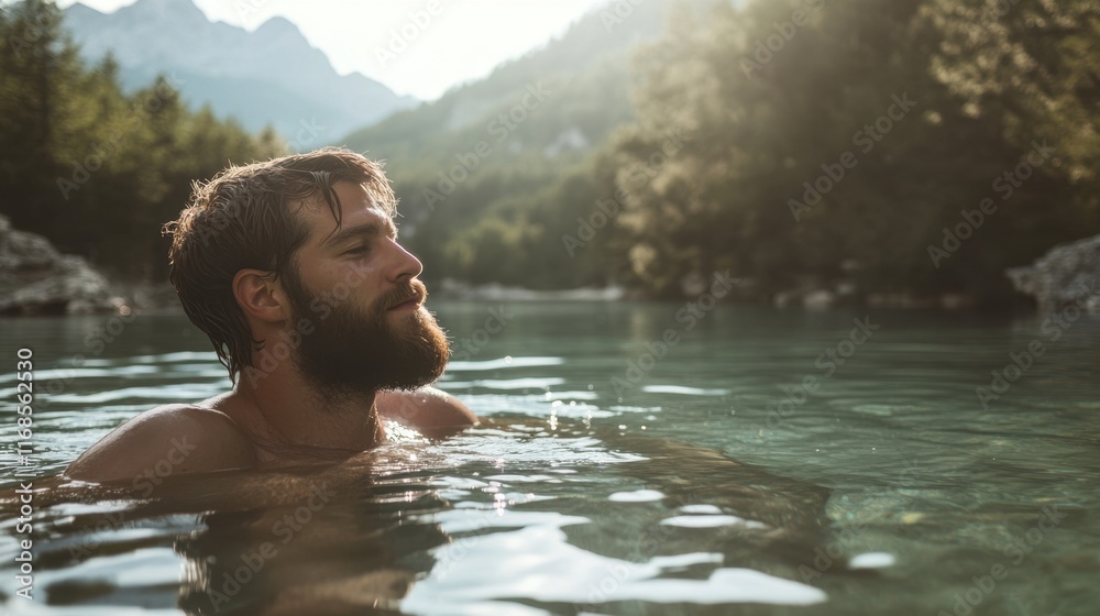 Fototapeta premium Man Relaxing by Peaceful Mountain Lake in Sunlight