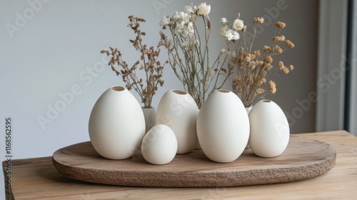 Decorative arrangement of dried flowers in white vases on a wooden tray