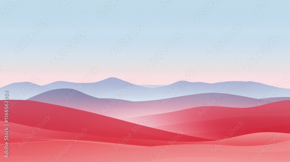 Mountain landscape with soft red and blue hues under a serene sky at dusk Mountain landscape with soft red and blue hues under a serene sky at dusk