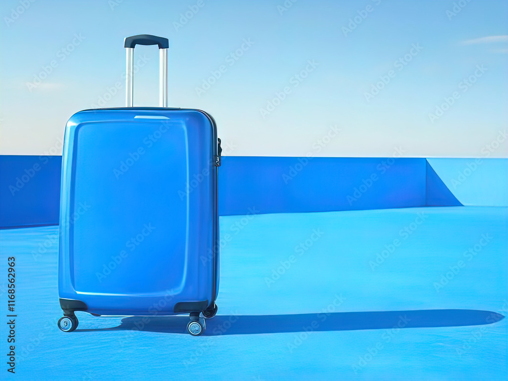 Obraz premium colored travel suitcase on wheels against a beach and a serene sea, tourism and vacation concept at sea, travel
