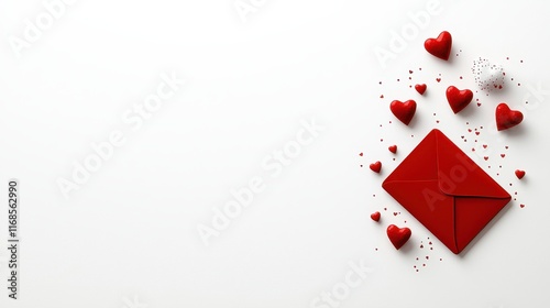 Romantic Red Envelope and Hearts on White Background for Love and Valentine's Day Celebrations