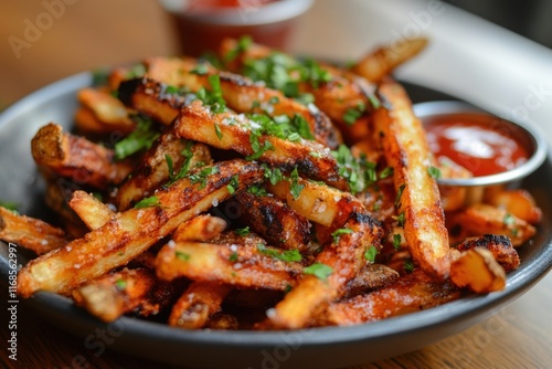 Seasoned Potato Fries with Herbs and Sauce photo