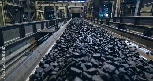 Coal Mining Conveyor Belt Transporting Processed Rocks in Industrial Facility, Highlighting Mining Industry, Material Extraction, and Heavy Machinery Operations
