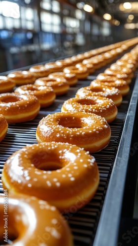 Freshly glazed donuts on conveyor belt in bakery during production process