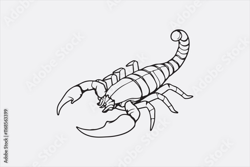 A black and white line drawing of a scorpion with a detailed depiction.