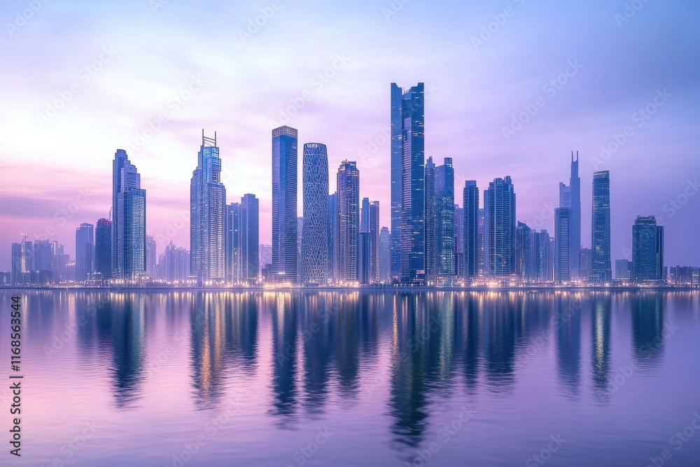 Sunrise reflection on Dubai skyline with modern architecture and calm waters Sunrise reflection on Dubai skyline with modern architecture and calm waters