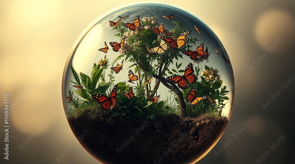 Miniature world: A vibrant ecosystem contained within a glass sphere, teeming with butterflies and flourishing plants. Miniature world: A vibrant ecosystem contained within a glass sphere, teeming with butterflies and flourishing plants.