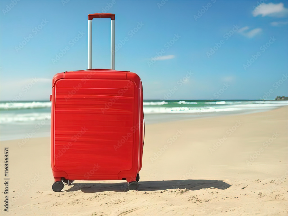 colored travel suitcase on wheels against a beach and a serene sea, tourism and vacation concept at sea, travel