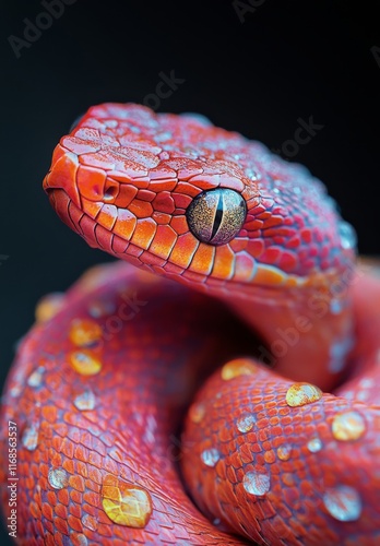 Colorful snake showcased with intricate scales and bright hues in a close-up ...