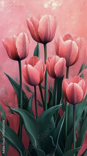 Beautiful pink tulips in a soft light against a pastel background create a se...