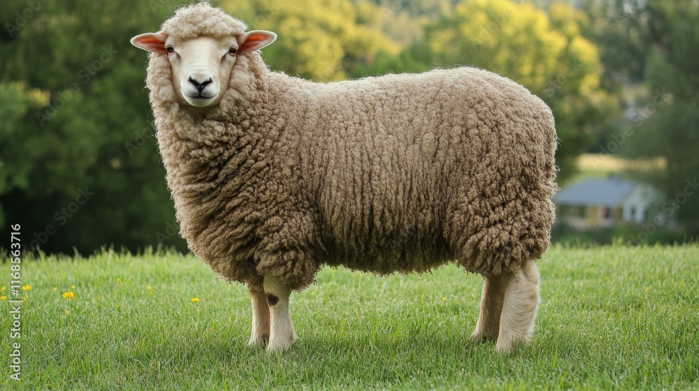 Sheep standing on green grass in a sunny pasture surrounded by trees and distant buildings Sheep standing on green grass in a sunny pasture surrounded by trees and distant buildings