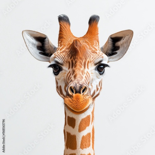 Giraffe portrait showcasing its unique features against a plain background