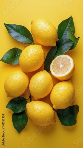 Fresh lemons arranged on a bright yellow surface with green leaves and a slic...