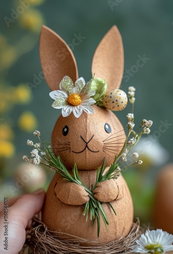 Cute handcrafted bunny holding flowers with a festive background for spring c...