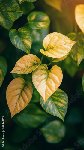 Lush green leaves with unique shapes thriving in a vibrant indoor garden setting