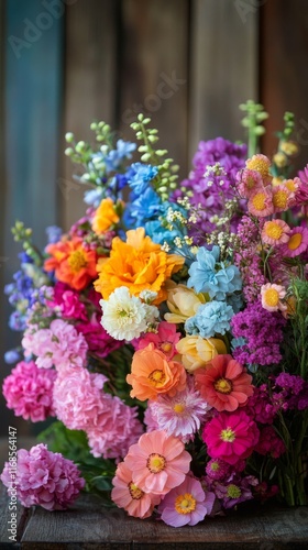 Brightly colored bouquet of wildflowers arranged against a wooden background