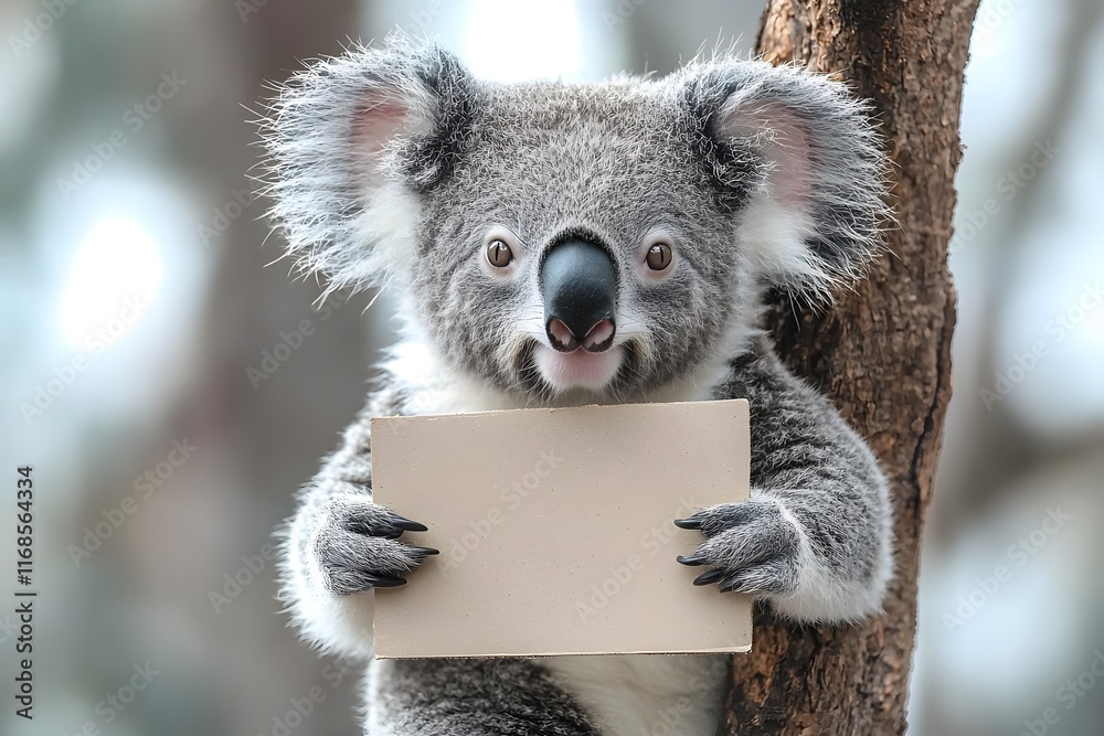Naklejka premium Sleepy Koala Clinging to Tree Branch Holding Blank Cardboard Sign Concept