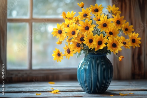 Bright yellow sunflowers in a blue vase by a window creating a warm and invit...
