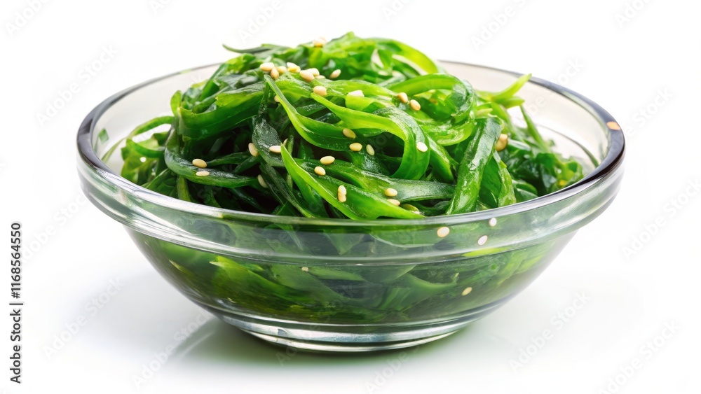 Goma Wakame Seaweed Salad in Small Clear Bowl - Isolated on White Background Goma Wakame Seaweed Salad in Small Clear Bowl - Isolated on White Background