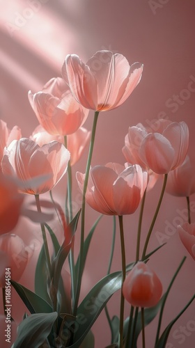 Beautiful pink tulips in a soft light against a pastel background create a se...