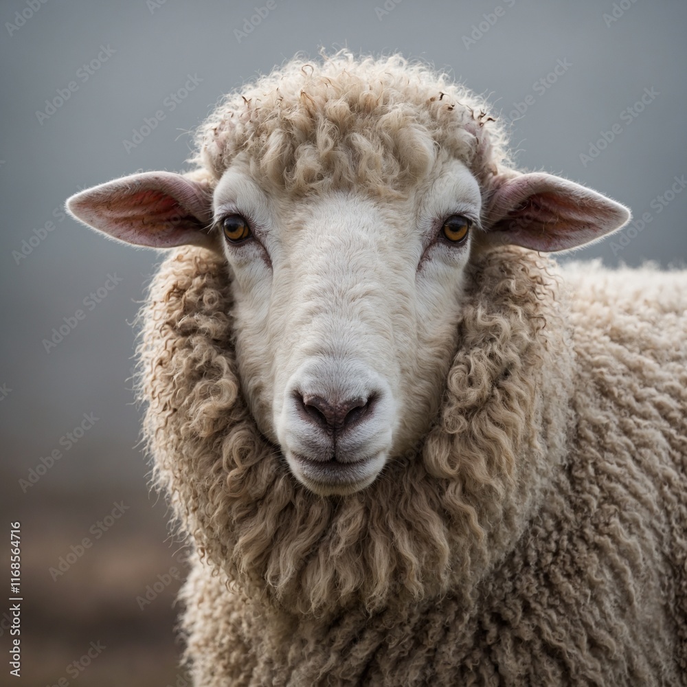 A single beautiful sheep looking directly at the camera, with a serene expression and a white background. A single beautiful sheep looking directly at the camera, with a serene expression and a white background.